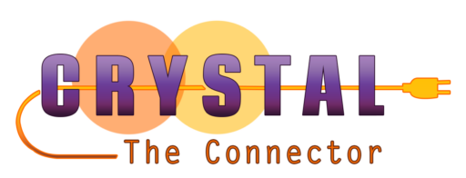 Two circles side by side, one orange on the left and the other is yellow on the right. The word CRYSTAL written across them